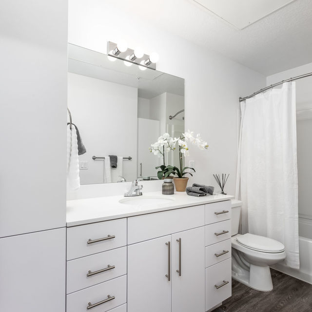 Rockpoint Apartments - Spacious Bathroom with Vanity, Bathtub and Storage Drawers Rockpoint Apartments - Spacious Bathroom with Vanity, Bathtub and Storage Drawers